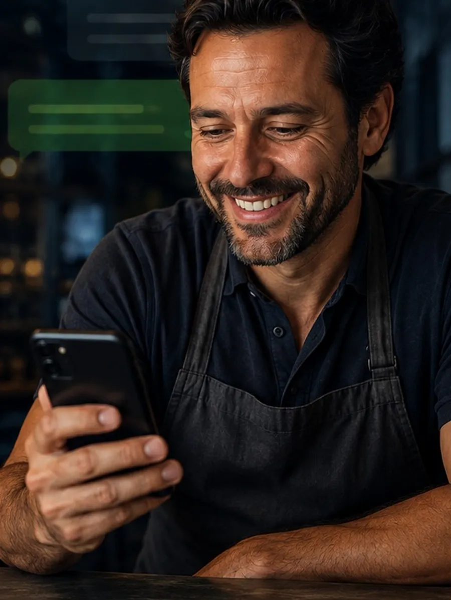 El dueño de un bar sonríe mientras responde a sus clientes; las conversaciones también llegan al panel.