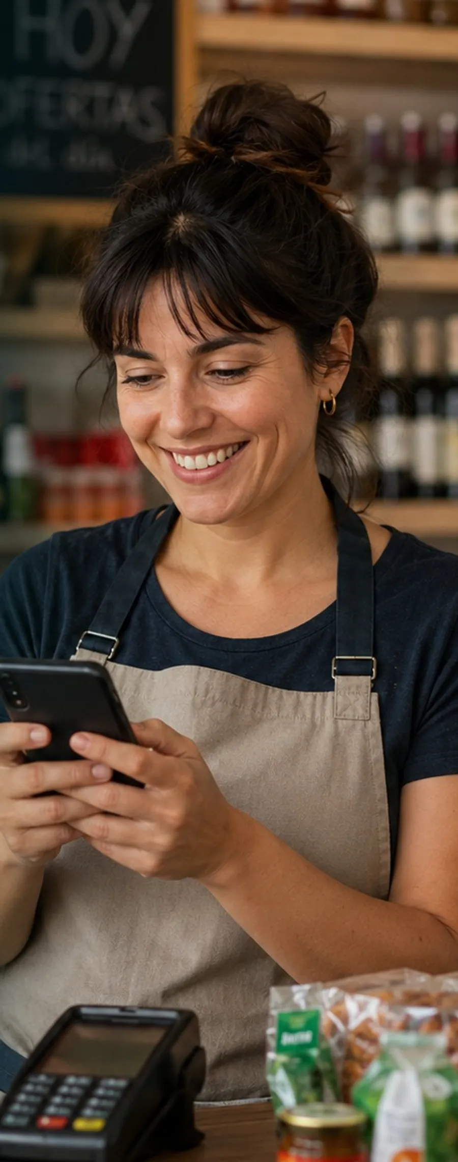 La dueña de un almacén contesta los mensajes del negocio desde su celular, detrás del mostrador.